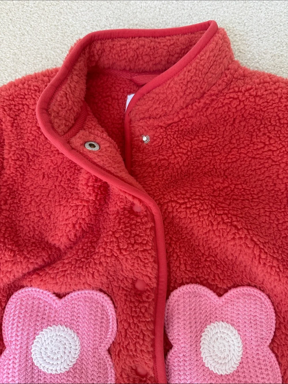 Old Navy Red Sherpa Jacket with Pink Flower Patches